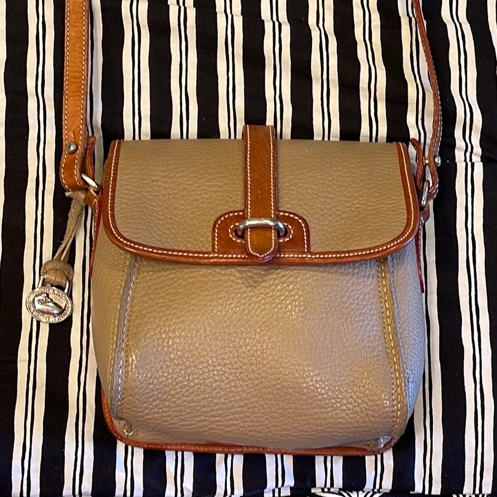 Rare Dooney and Bourke all weather leather taupe and brown crossbody bag vintage